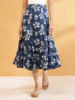 Fabindia - Womens Blue Printed Midi Flared Skirt