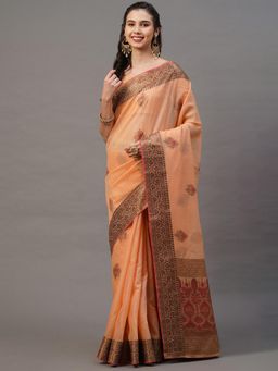 Akhilam - Peach Festive Silk Blend Woven Design Saree with Unstitched