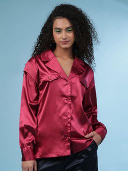 Freehand - Women Red Regular Fit Solid Collar Neck Shirt