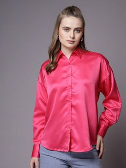 Freehand - Women Pink Loose Fit Solid Cutaway Collar Neck Oversized Shirt