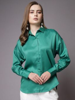Freehand - Women Green Loose Fit Solid Cutaway Collar Neck Oversized Shirt