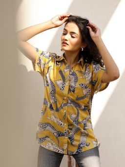 SAY - Women Pure Cotton Yellow Animal Print Shirt