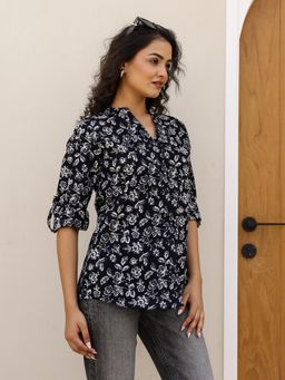 SAY - Women Pure Cotton Black Floral Print Shirt