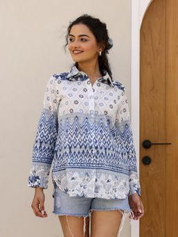 SAY - Women Pure Cotton White Floral Print Shirt
