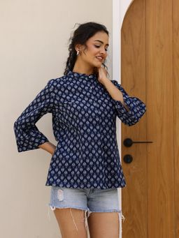 SAY - Women Pure Cotton Navy Blue Floral Print Shirt