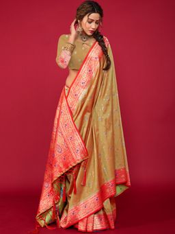 Sangam Prints - Olive Silk Printed Traditional Tassel Saree with Unstitched Blouse
