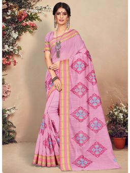 Sangam Prints - Pink Thread Work Traditional Saree with Unstitched Blouse