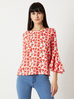 Miss Chase - Women Multi-coloured With A White Base Round Neck 3/4 Sleeve Ruffled Floral Top