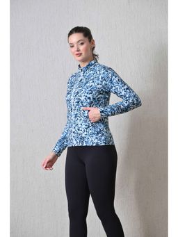Body Smith - Women Floral Print Full Sleeves Blue Zipper Jacket
