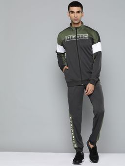 Alcis - Men Charcoal Grey Olive Green Colour Blocked Track Suits