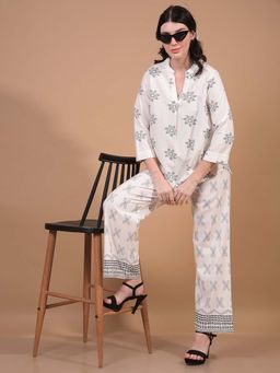 CRIMSOUNE CLUB - Women's White Printed Wide-Leg Linen Trousers