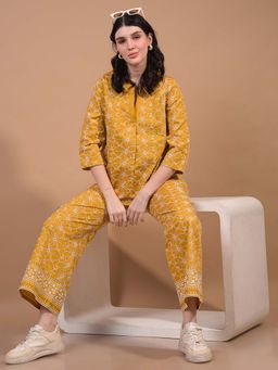 CRIMSOUNE CLUB - Women's Mustard Embroidered Wide-Leg 100% Cotton Trousers