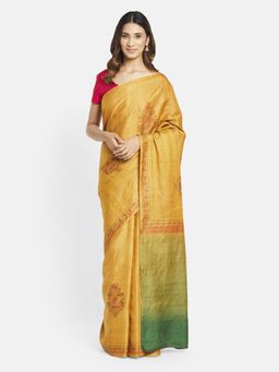 Fabindia - Mustard Silk Printed Saree without Blouse