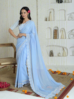 ANECDOTES - Blue Lace Work Saree with Stitched Blouse