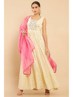 Soch - Beige Georgette Floral Chudidar Set (set Of 3)