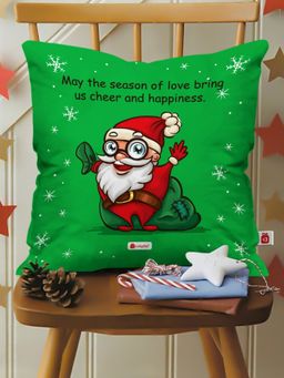 Indigifts - Christmas Cheerful Santa Print Green Cushion Filler 12 Inch X 12 Inch