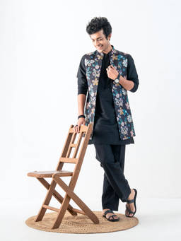 KISAH - Regular Black Printed Jacket with Kurta and Trousers