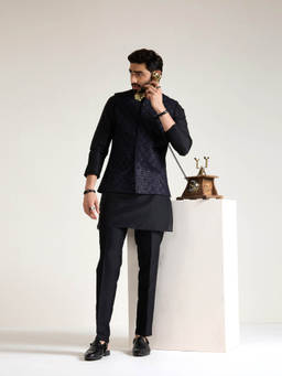 KISAH - Regular Black Solid Nehru Jacket with Kurta and Trousers