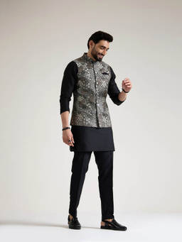 KISAH - Regular Silver Jacquard Nehru Jacket with Kurta and Trousers