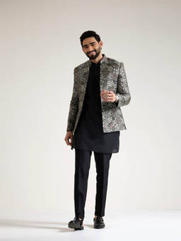 KISAH - Black Zari Indo Western Kurta With Sherwani and Trouser
