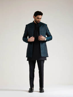 KISAH - Teal Blue Kurta With Sherwani and Trouser