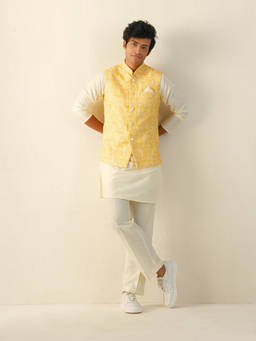 KISAH - Regular Yellow Embroidered Nehru Jacket with Kurta and Trousers