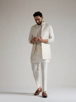 KISAH - Regular Cream Jacquard Jacket with Kurta and Trousers