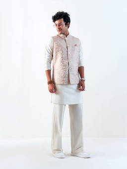 KISAH - Regular Cream Floral Jacquard Nehru Jacket with Kurta and Trousers