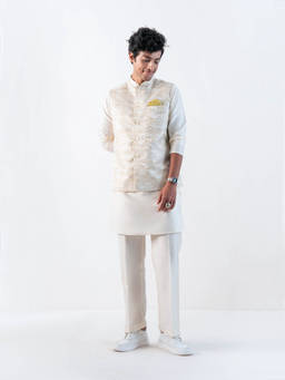 KISAH - Regular Off White Jacquard Nehru Jacket with Kurta and Trousers