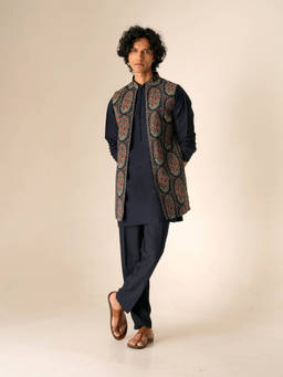 KISAH - Navy Blue Printed Jacket with Kurta and Trousers