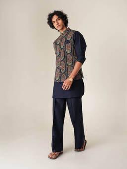 KISAH - Navy Blue Printed Jacket with Kurta and Trousers
