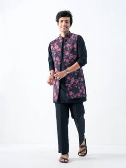 KISAH - Regular Black Floral Jacket with Kurta and Trousers