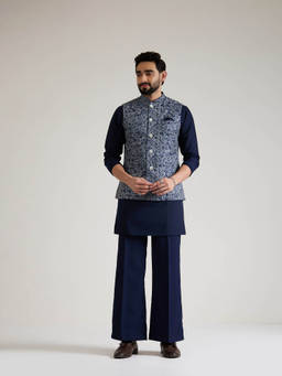 KISAH - Regular Blue Printed Nehru Jacket with Kurta and Trousers