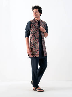 KISAH - Regular Black Printed Jacket with Kurta and Trousers