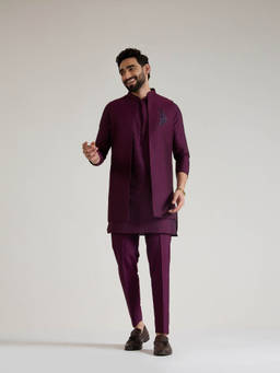 KISAH - Regular Wine Woven Jacket with Kurta and Trousers