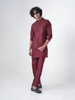 KISAH - Red Textured Nehru Jacket with Kurta and Trousers
