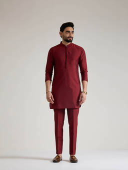 KISAH - Regular Red Solid Nehru Jacket with Kurta and Trousers