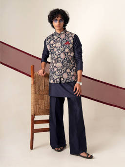 KISAH - Navy Blue Floral Nehru Jacket with Kurta and Trousers