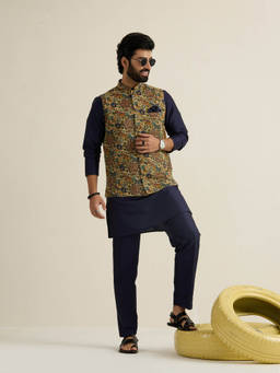 KISAH - Regular Navy Blue Floral Nehru Jacket with Kurta and Trousers