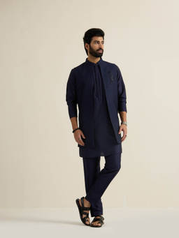 KISAH - Regular Navy Blue Solid Jacket with Kurta and Trousers