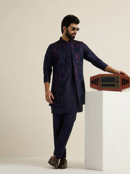 KISAH - Regular Navy Blue Jacquard Jacket with Kurta and Trousers