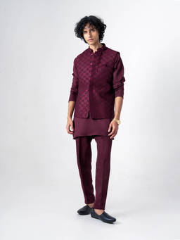 KISAH - Wine Textured Nehru Jacket with Kurta and Trousers