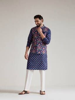 KISAH - Regular Navy Blue Floral Print Nehru Jacket with Kurta and Trousers