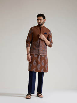 KISAH - Regular Brown Paisley Nehru Jacket with Kurta and Trousers