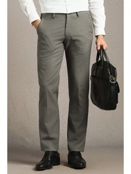 Louis Philippe - Men Grey Textured Flat Front Formal Trousers