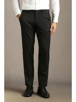 Louis Philippe - Men Black Textured Flat Front Formal Trousers