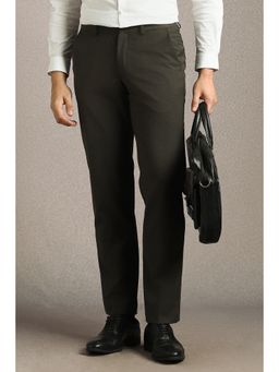 Louis Philippe - Men Olive Textured Flat Front Formal Trousers