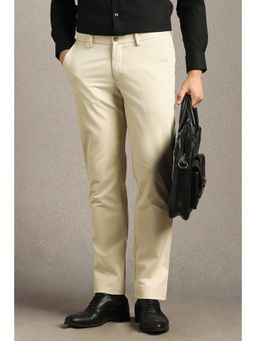 Louis Philippe - Men Beige Solid Flat Front Formal Trousers
