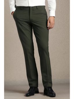 Louis Philippe - Men Olive Solid Flat Front Formal Trousers