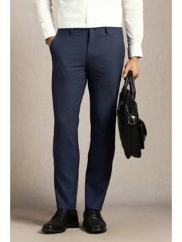 Louis Philippe - Men Navy Textured Flat Front Formal Trousers